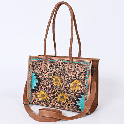 American Darling Western Tote Handcrafted from Genuine Leather | Tooled Sunflower & Turquoise Accents Crossbody Bag for Women