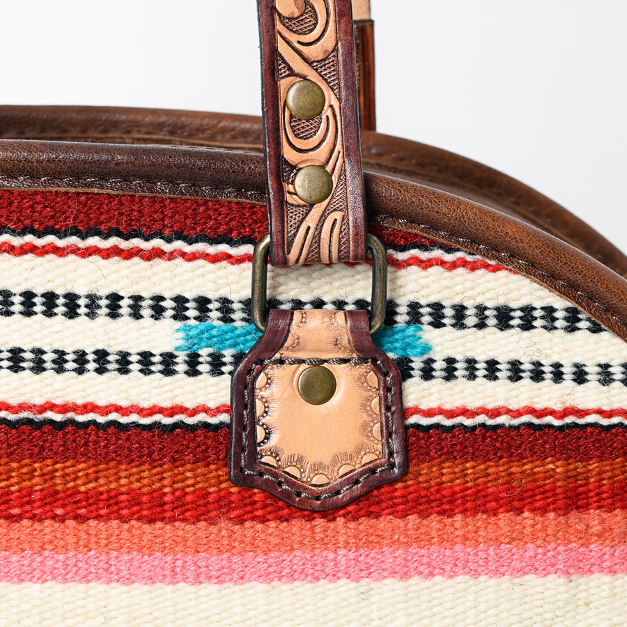 American Darling Western Tote Bag Handcrafted from Saddle Blanket & Genuine Leather | Tooled Strap Detail & Multi-Color Stripe Purse
