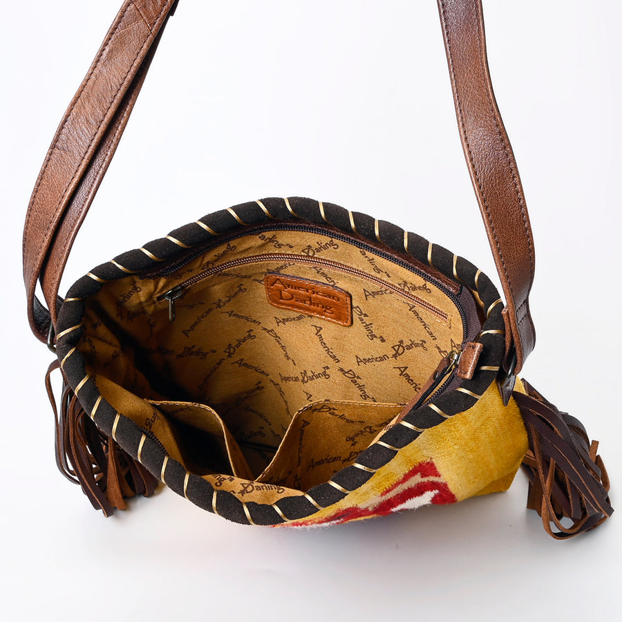 American Darling Western Crossbody Bag Handcrafted from Hand Woven Saddle Blanket | Motif & Long Leather Fringe