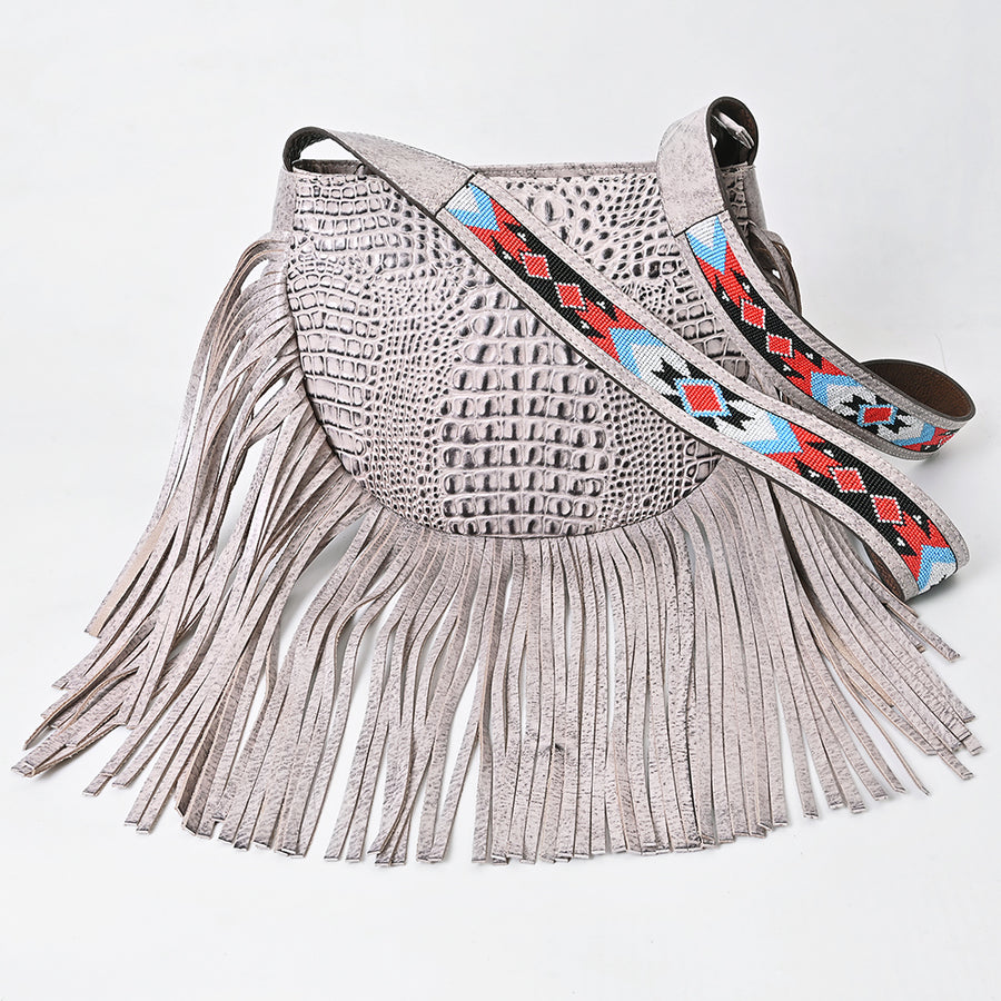 American Darling Western Crossbody Bag Handcrafted from Crocodile Embossed Leather | Fringe Detail & Geometric Beaded Look Strap