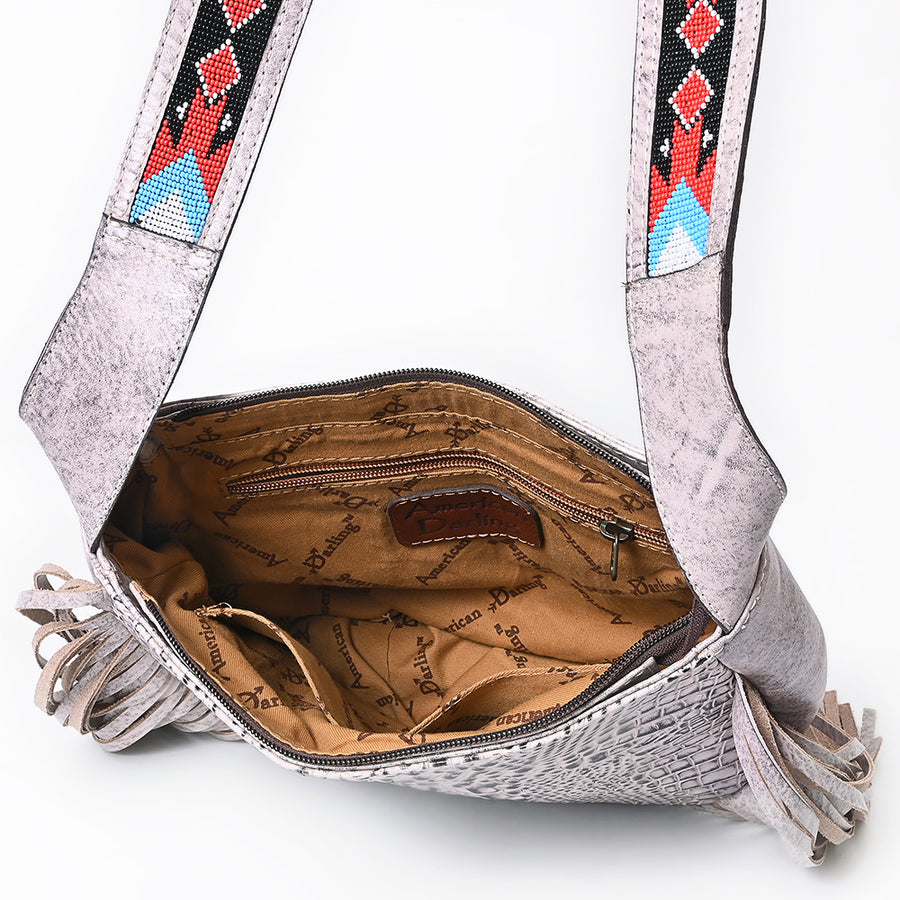 American Darling Western Crossbody Bag Handcrafted from Crocodile Embossed Leather | Fringe Detail & Geometric Beaded Look Strap