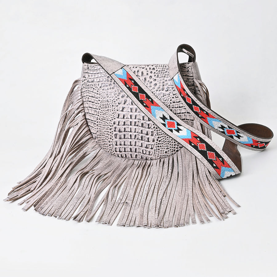 American Darling Crocodile Embossed Fringe Crossbody | Western Beaded Strap Bag - Uhorse
