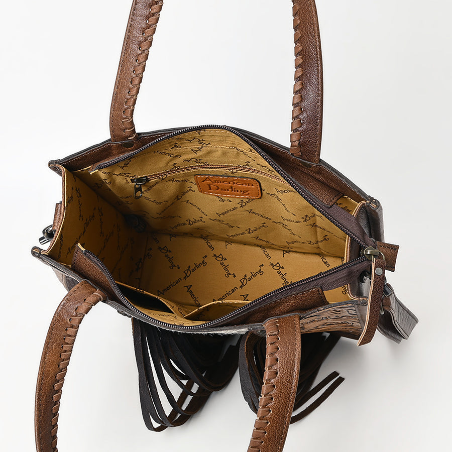 American Darling Western Tote Bag Handcrafted from Hair-On Cowhide & Tooled Leather | Long Fringe & Braided Handles