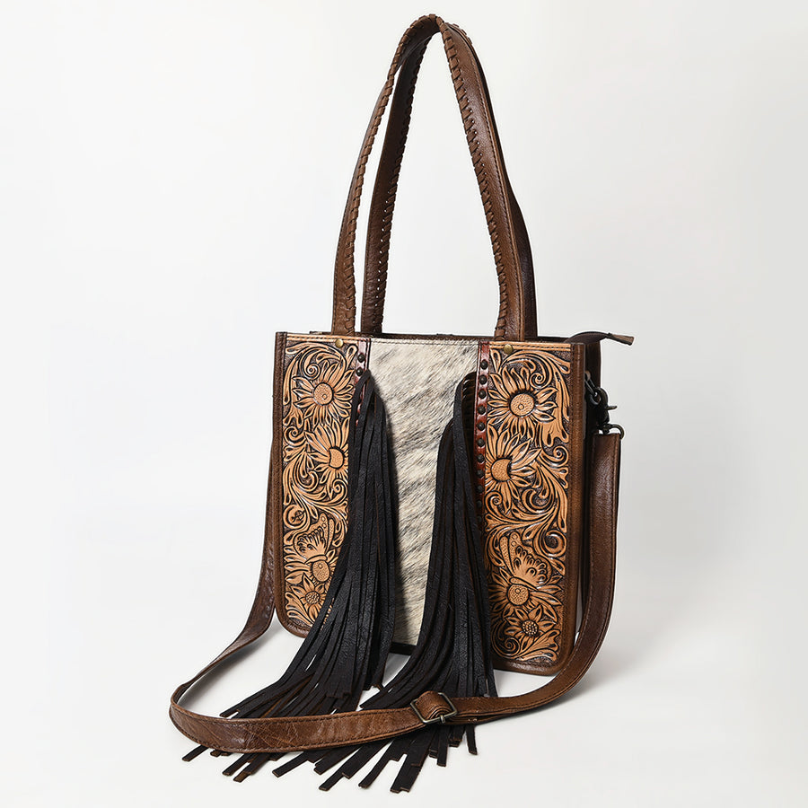 American Darling Cowhide Tote Bag | Tooled Leather Fringe Handbag - Uhorse