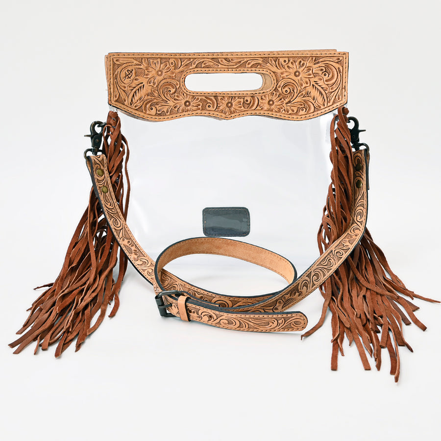 American Darling Western Clear Bag with Long Leather Fringe | Hand Tooled Floral Leather Trim & Carry Handle