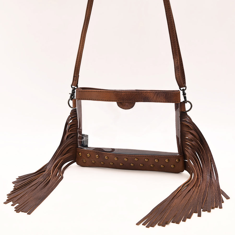 Brown leather fringe crossbody bag with tooled top and studded detail - Uhorse