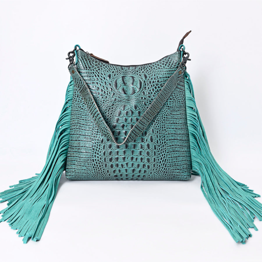 American Darling Western Hobo Bag Handcrafted from Crocodile Embossed Genuine Leather | Long Fringe & Multi-Pocket Design