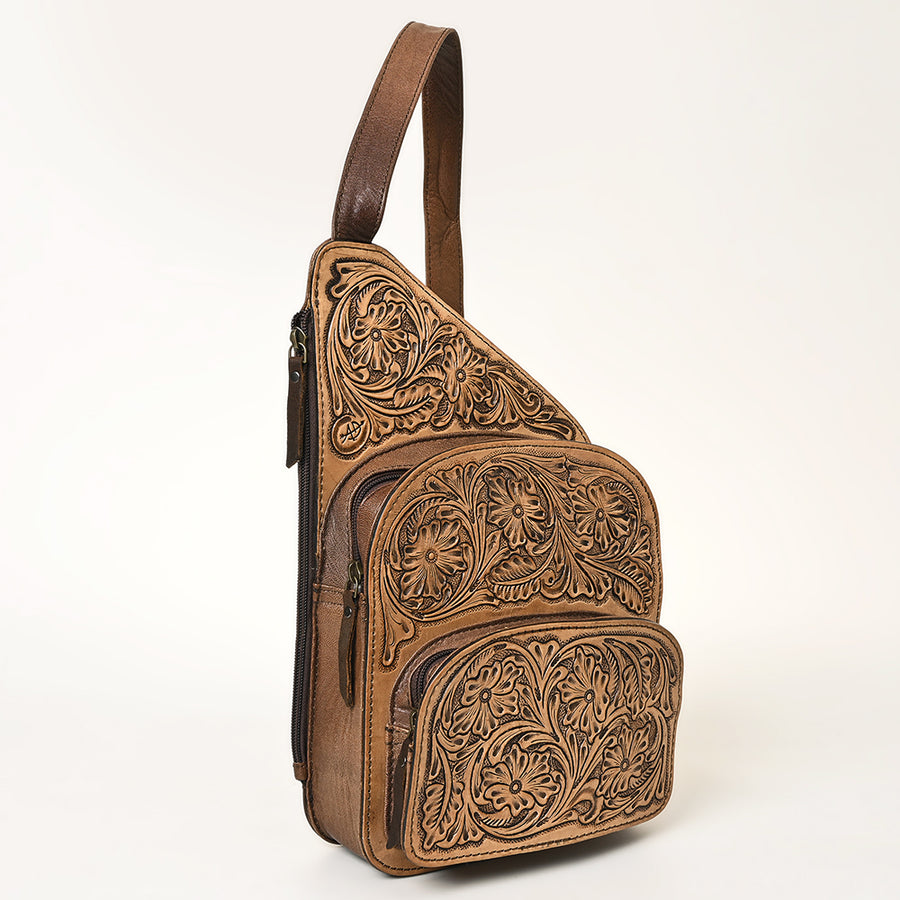 American Darling Western Sling Backpack Handcrafted from Hand-Tooled Genuine Leather | Floral Carved with Multiple Zipper Pockets for Travel