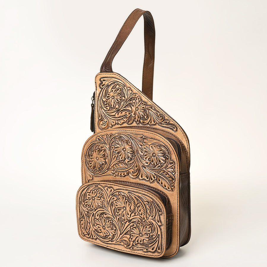 American Darling Hand-Tooled Leather Sling Bag | Floral Carved Multi-Pocket Backpack - Uhorse