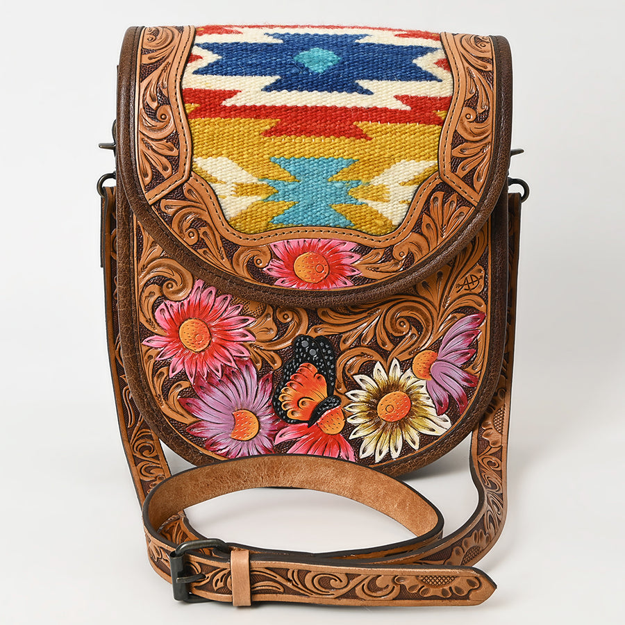 American Darling Western Crossbody Bag Handcrafted from Saddle Blanket & Hand-Tooled Leather | Hand Painted Floral & Flap Closure