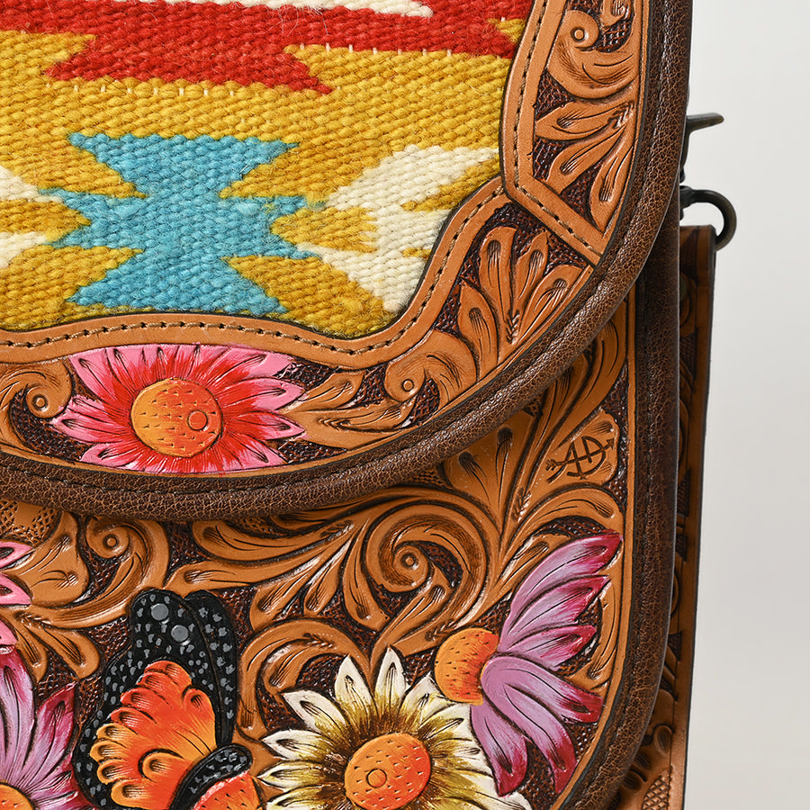 American Darling Western Crossbody Bag Handcrafted from Saddle Blanket & Hand-Tooled Leather | Hand Painted Floral & Flap Closure
