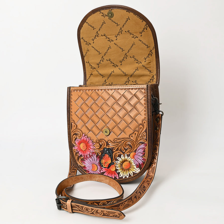 American Darling Western Crossbody Bag Handcrafted from Saddle Blanket & Hand-Tooled Leather | Hand Painted Floral & Flap Closure