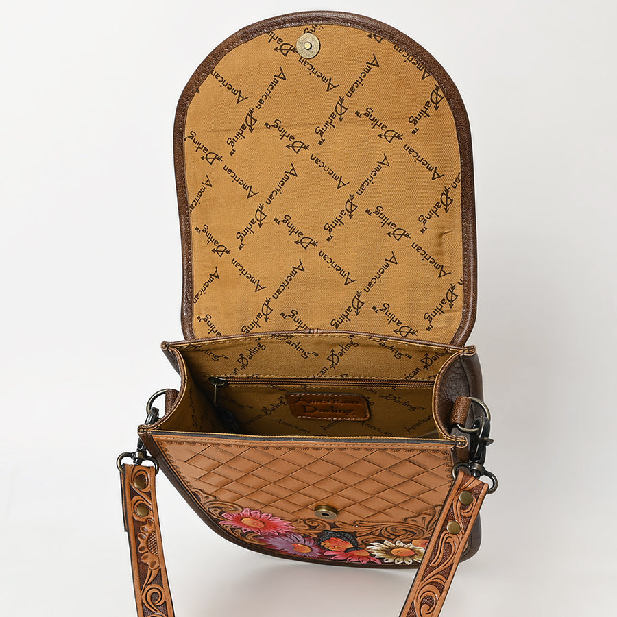 American Darling Western Crossbody Bag Handcrafted from Saddle Blanket & Hand-Tooled Leather | Hand Painted Floral & Flap Closure