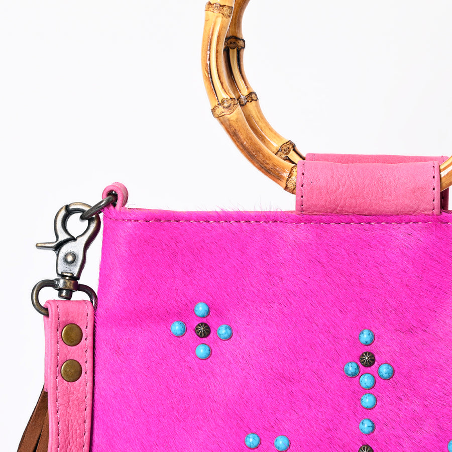 American Darling Western Crossbody Bag Handcrafted from Hair-On Cowhide | Two-Tone Fringe, Bamboo Handle & Concho Accent
