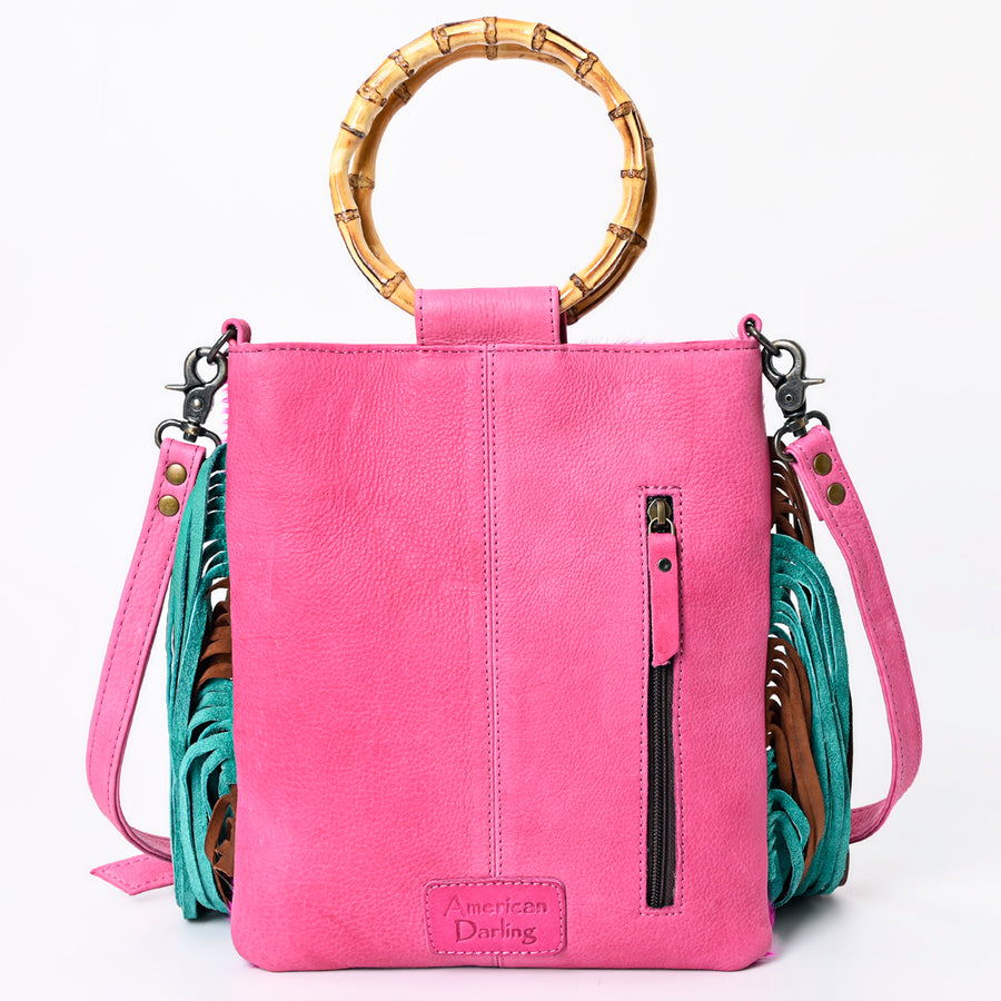 American Darling Western Crossbody Bag Handcrafted from Hair-On Cowhide | Two-Tone Fringe, Bamboo Handle & Concho Accent