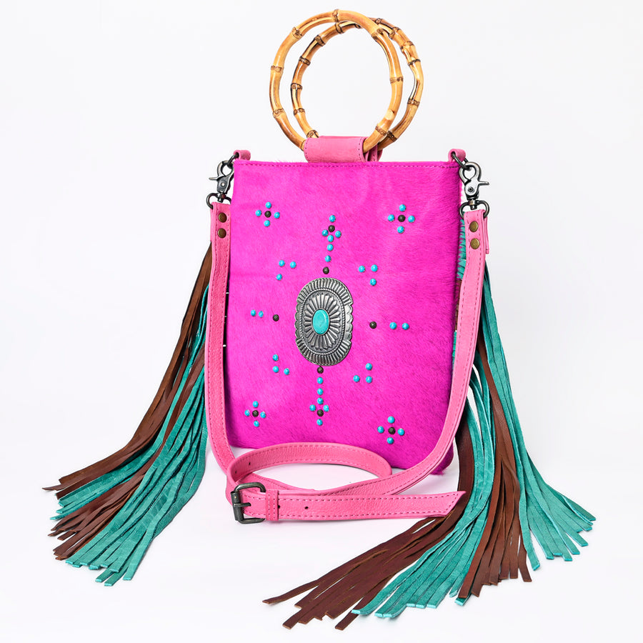 American Darling Cowhide Crossbody | Bamboo Handle Fringe Handbag - Uhorse