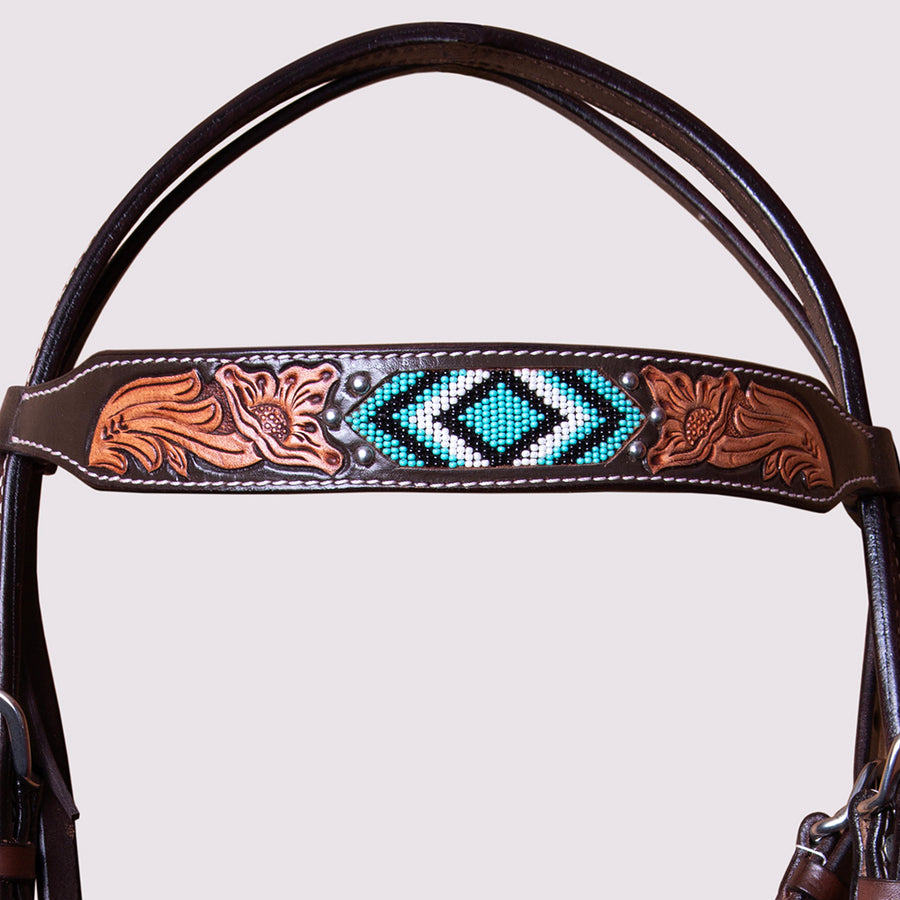 HILASON Horse Beaded Breast Collar One Ear Headstall Noseband Genuine Leather Brown
