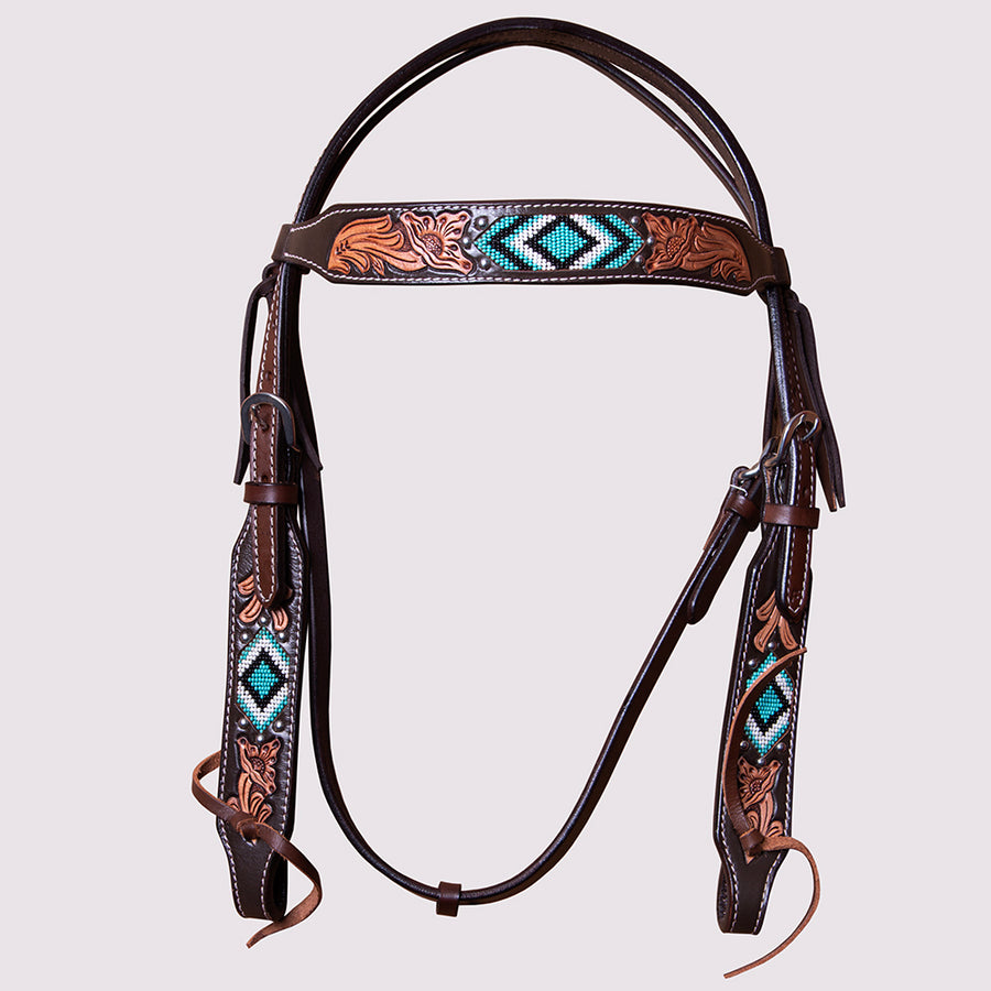 HILASON Horse Floral Hand Carved Beaded Headstall Genuine Leather Brown - Uhorse