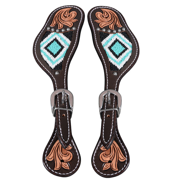 HILASON Horse Floral Hand Carved Beaded Spur Straps Genuine Leather Brown - Uhorse