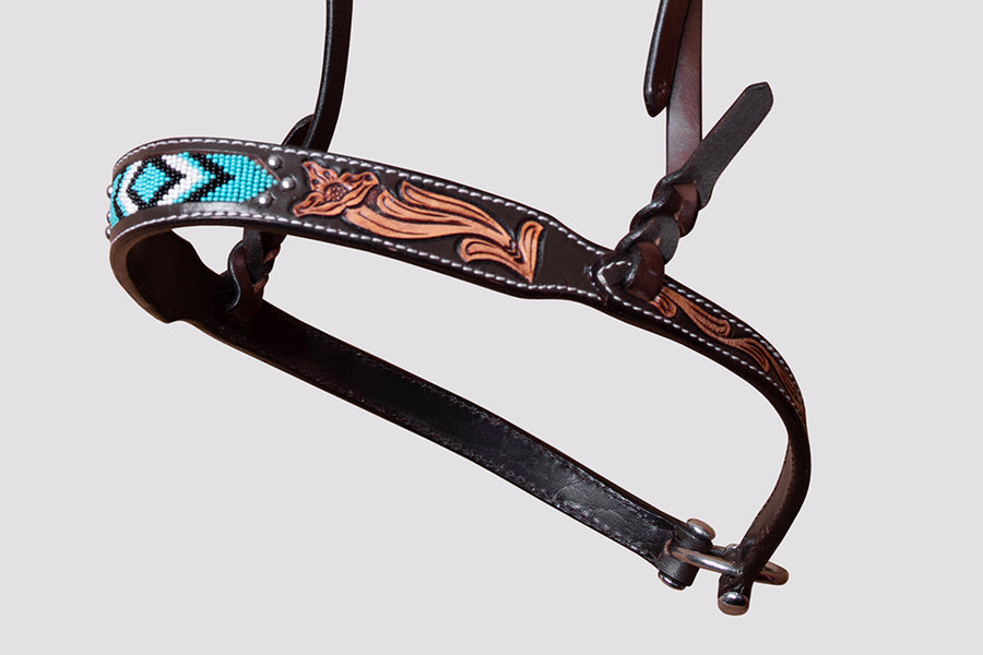HILASON Horse Beaded Breast Collar One Ear Headstall Noseband Genuine Leather Brown