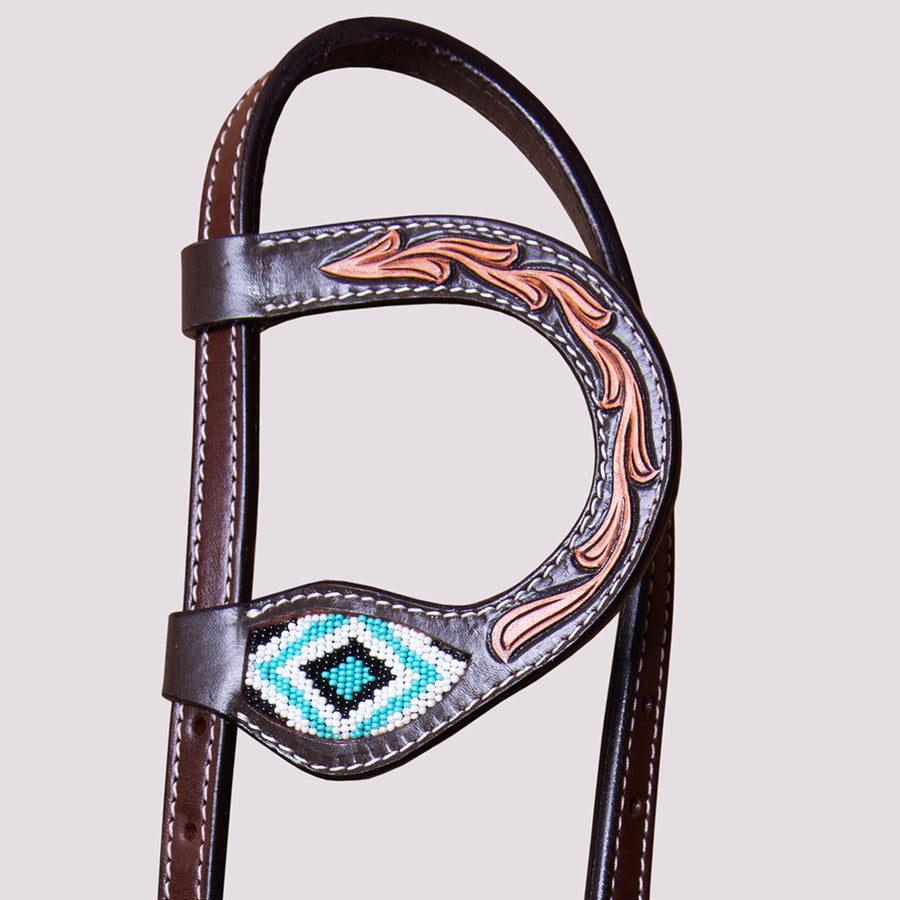 HILASON Horse Beaded Breast Collar One Ear Headstall Noseband Genuine Leather Brown