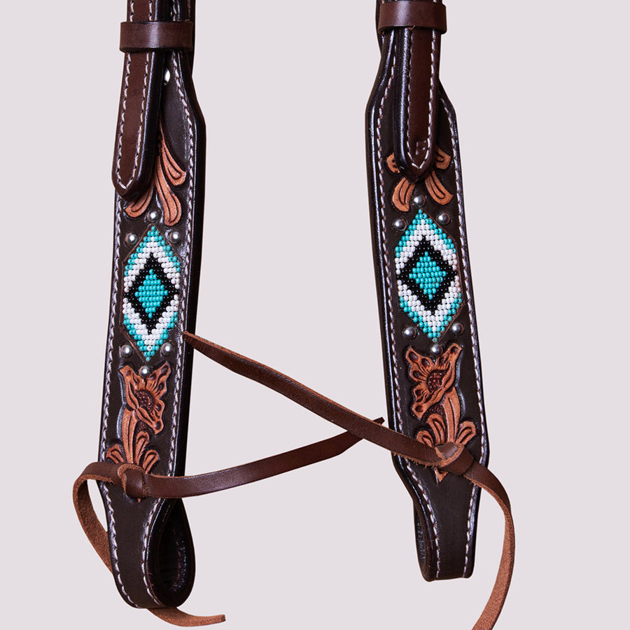 HILASON Horse Beaded Breast Collar One Ear Headstall Noseband Genuine Leather Brown