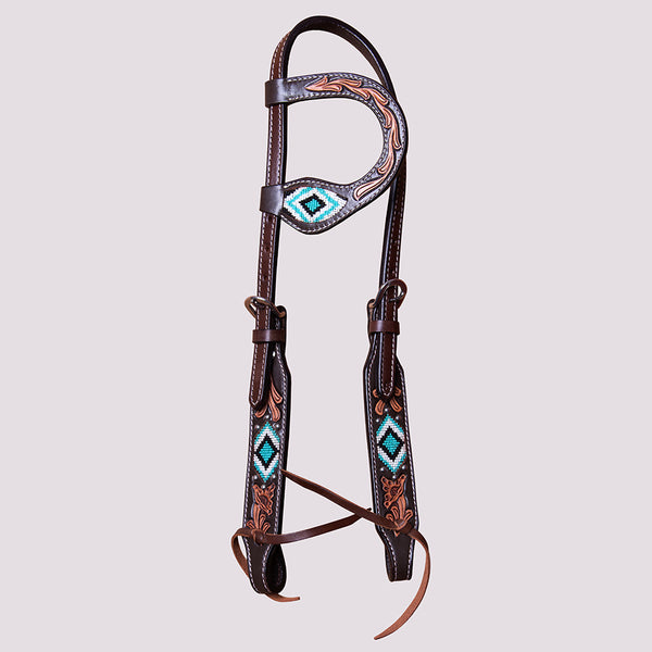 HILASON Horse Beaded Breast Collar One Ear Headstall Noseband Genuine Leather Brown - Uhorse