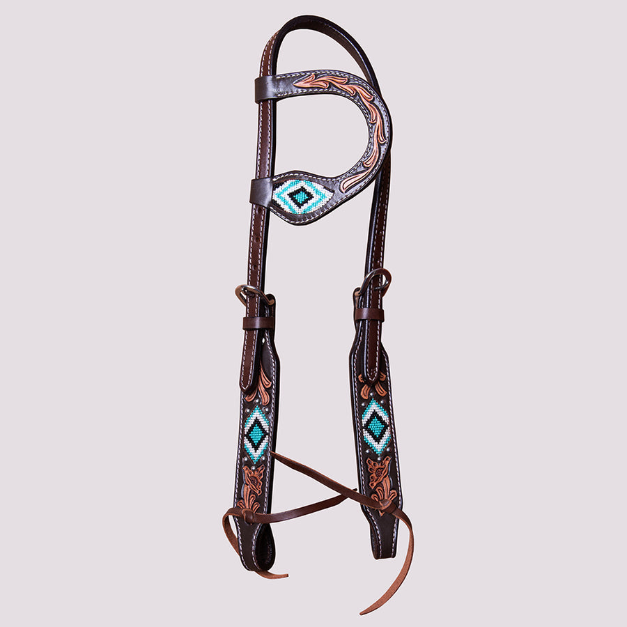 HILASON Horse Floral Hand Carved Beaded One Ear Headstall Genuine Leather Brown - Uhorse