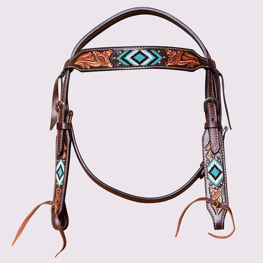 HILASON Horse Floral Hand Carved Beaded Headstall Genuine Leather Brown - Uhorse