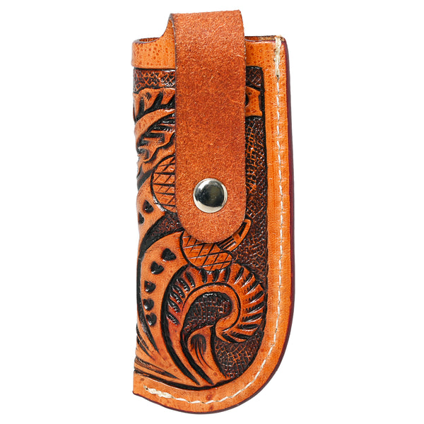 Hilason Folding Knife Sheath Floral Hand Tooled Genuine Leather Brown - Uhorse