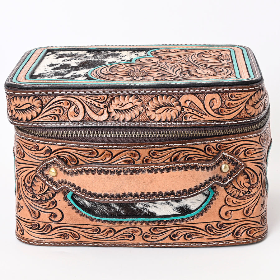 American Darling Genuine Leather Jewelry Case Hair-On Cowhide Floral Hand Tooled Organizer YKK Zipper Full Grain