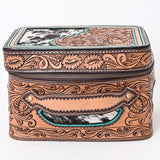 American Darling Genuine Leather Jewelry Case Hair-On Cowhide Floral Hand Tooled Organizer YKK Zipper Full Grain