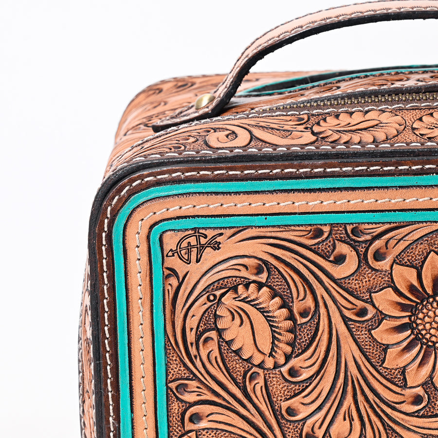 American Darling Genuine Leather Jewelry Case Hair-On Cowhide Floral Hand Tooled Organizer YKK Zipper Full Grain
