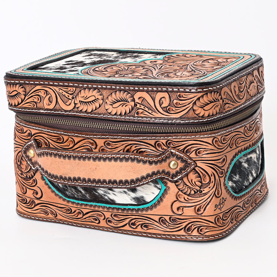 American Darling Genuine Leather Jewelry Case Hair-On Cowhide Floral Hand Tooled Organizer YKK Zipper Full Grain