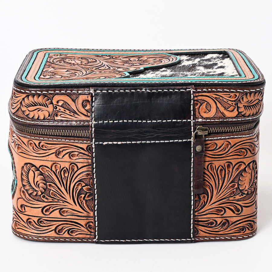 American Darling Genuine Leather Jewelry Case Hair-On Cowhide Floral Hand Tooled Organizer YKK Zipper Full Grain