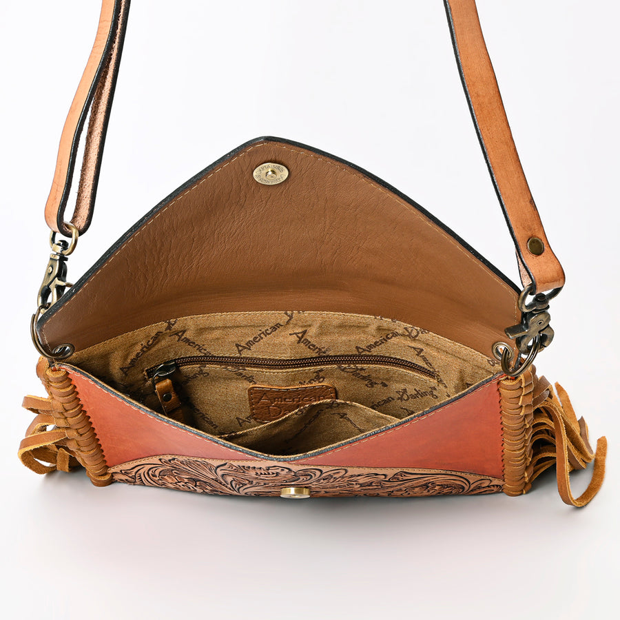 American Darling Genuine Leather Envelope Bag Women Floral Hand Tooled Purse with Fringe YKK Zipper Full Grain Crossbody