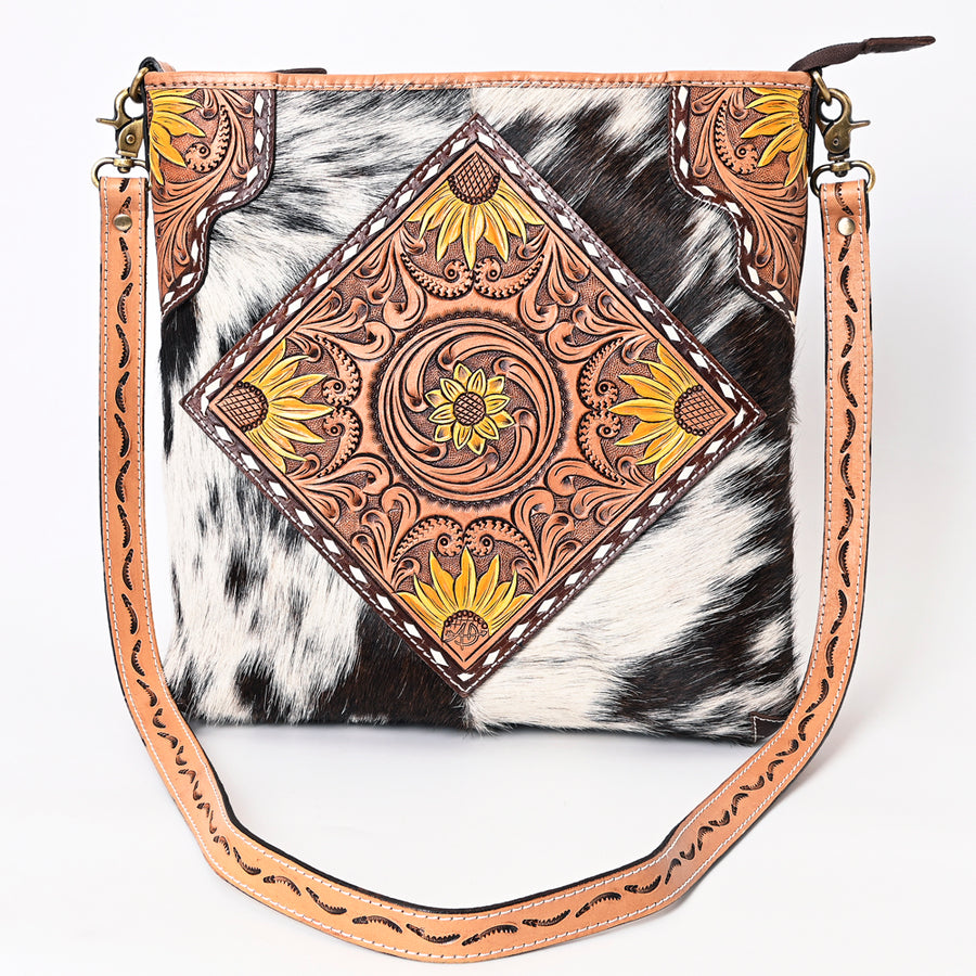 American Darling Genuine Leather Large Cross body Bag Women Hair-On Cowhide Floral Hand Tooled Purse Buck Stitched YKK Zipper