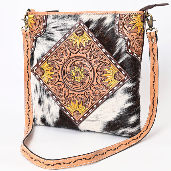 American Darling Buck Stitched Hair-On Cowhide Hand Tooled Leather Large Cross body Bag - Uhorse