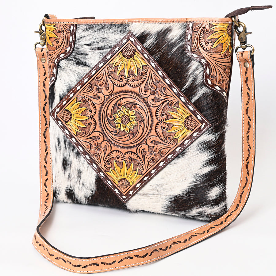 American Darling Buck Stitched Hair-On Cowhide Hand Tooled Leather Large Cross body Bag - Uhorse
