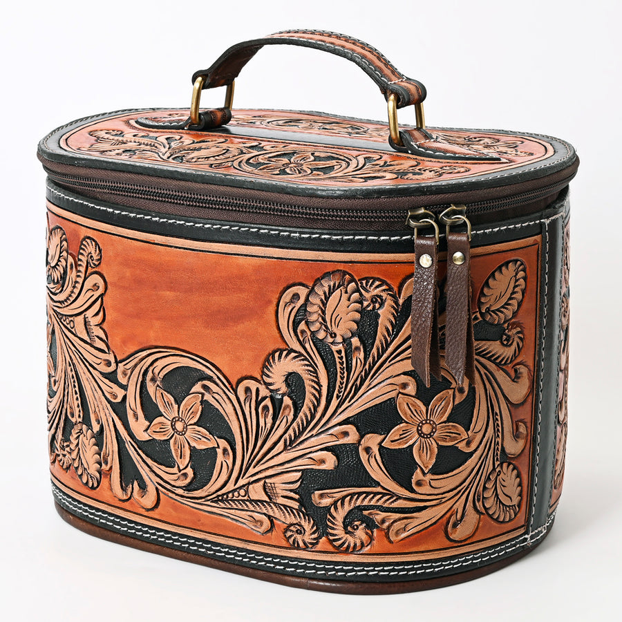 American Darling Genuine Leather Jewelry Case Women Floral Hand Tooled Organizer YKK Zipper Full Grain
