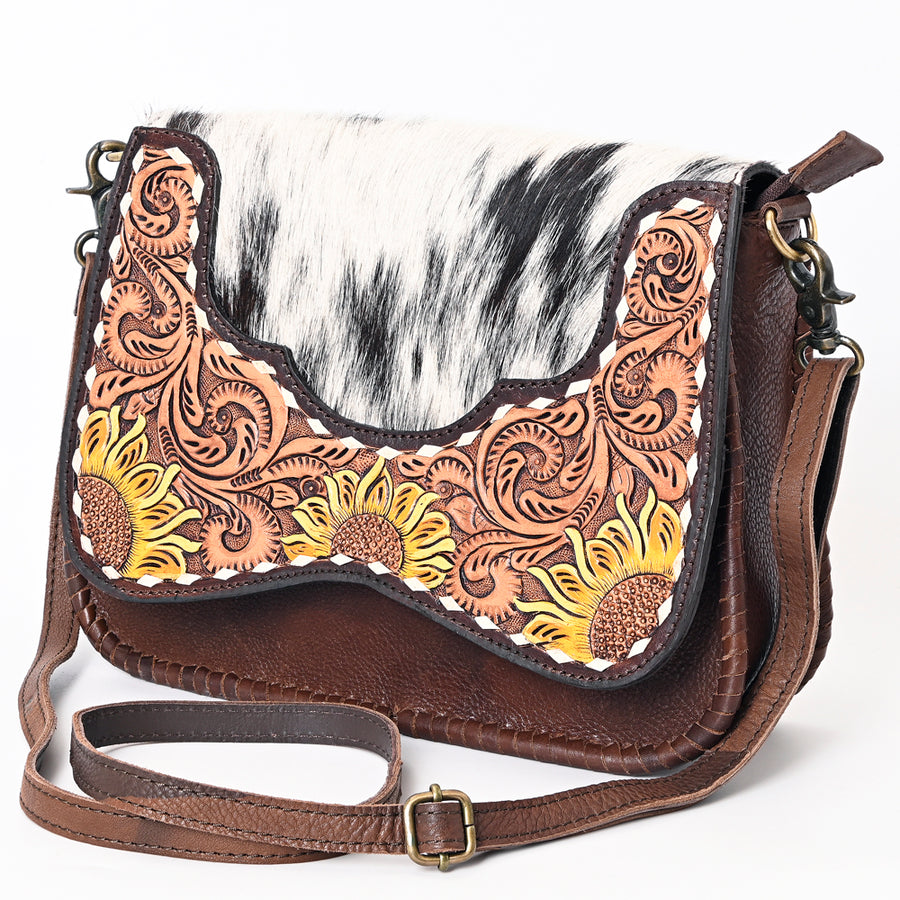 American Darling Buck Stitched Hair-On Cowhide Hand Tooled Leather Small Cross body Bag - Uhorse