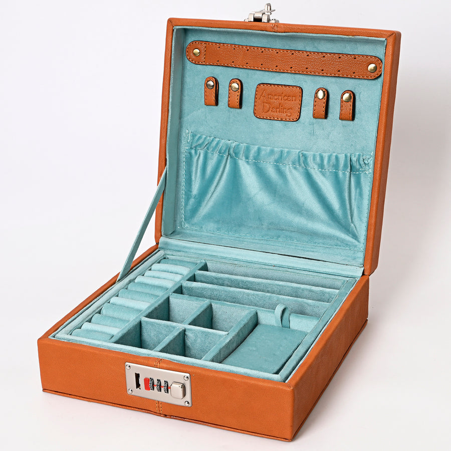 American Darling Genuine Leather Jewelry Case Women Floral Hand Tooled Organizer Full Grain Vegetable-Tanned