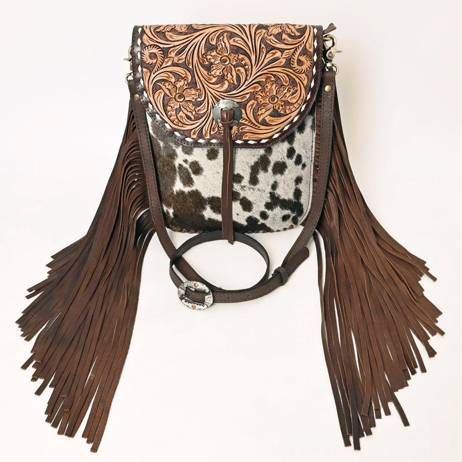 American Darling Genuine Leather Cross body Bag Women Hair-On Cowhide Floral Hand Tooled Purse Buck Stitched Fringe YKK Zipper