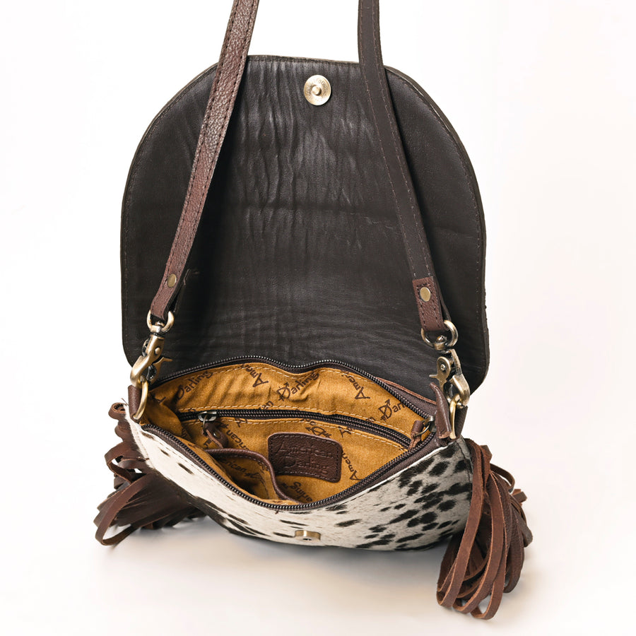 American Darling Genuine Leather Cross body Bag Women Hair-On Cowhide Floral Hand Tooled Purse Buck Stitched Fringe YKK Zipper