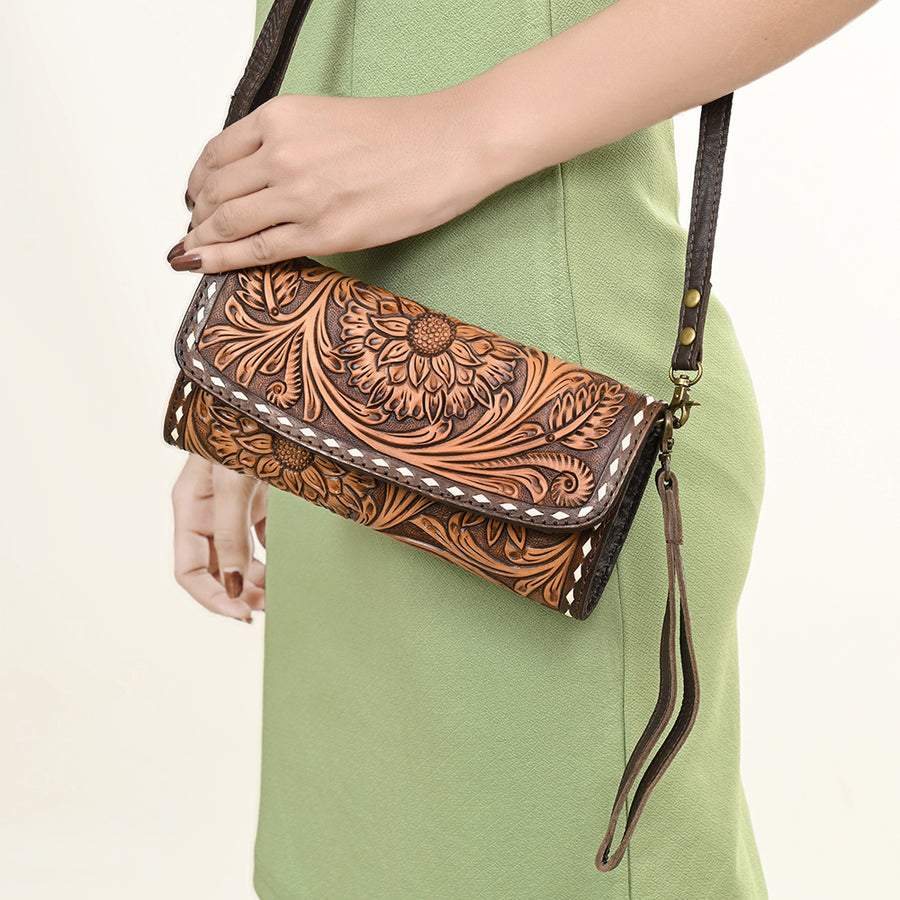 American Darling Hand Tooled Floral Carved Genuine Leather Small Cross body Bag Buck Stitched Vegetable-Tanned Eco-Friendly
