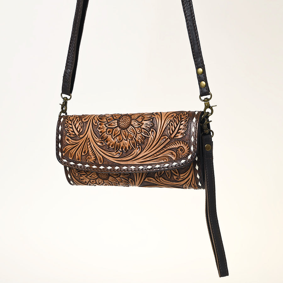 American Darling Hand Tooled Floral Carved Genuine Leather Small Cross body Bag - Uhorse