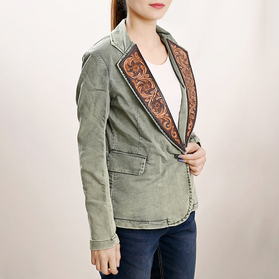 American Darling Genuine leather Hand tooled carved Women 100% cotton Denim Blazer dress jacket | Vintage
