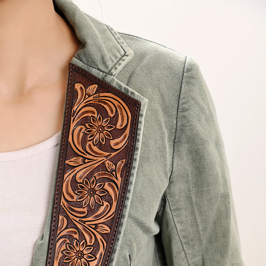 American Darling Genuine leather Hand tooled carved Women 100% cotton Denim Blazer dress jacket | Vintage