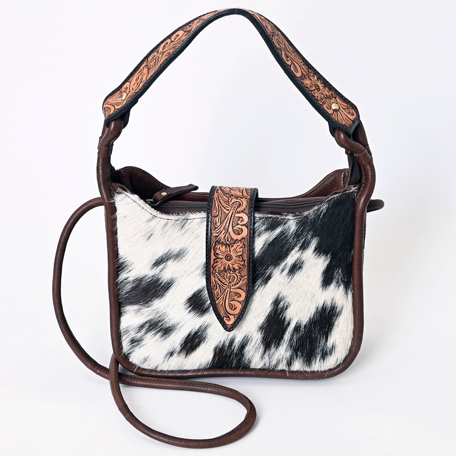 American Darling Hair-On Cowhide Hand Tooled Floral Carved Genuine Leather Hobo Bag Vegetable-Tanned Western Everyday