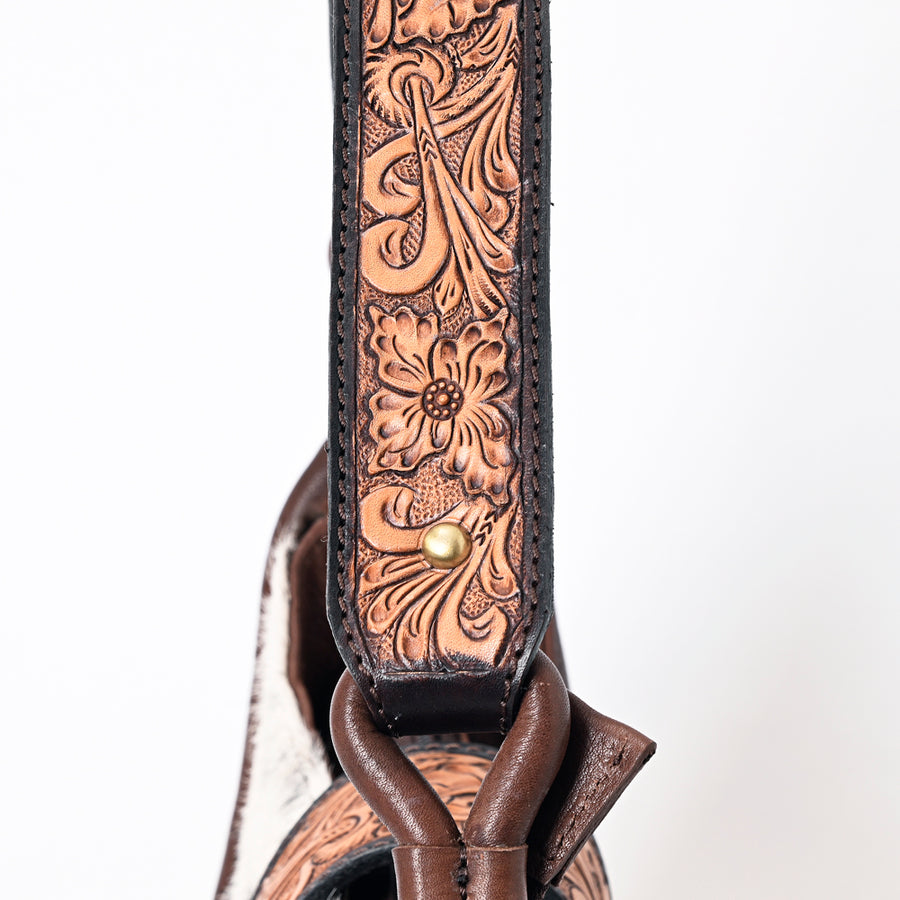 American Darling Hair-On Cowhide Hand Tooled Floral Carved Genuine Leather Hobo Bag Vegetable-Tanned Western Everyday